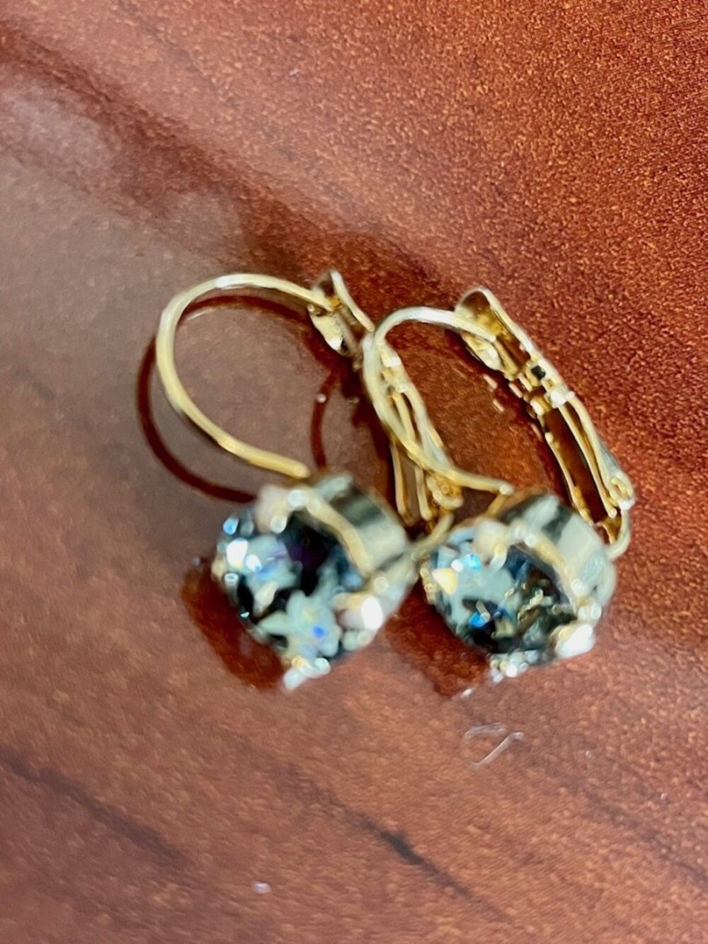 EARRINGS: Gold earrings with grey-green faux gemstones. EUC.